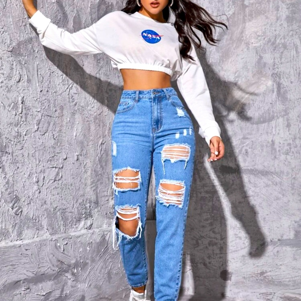 High Waist Ripped Frayed Tapered Jeans